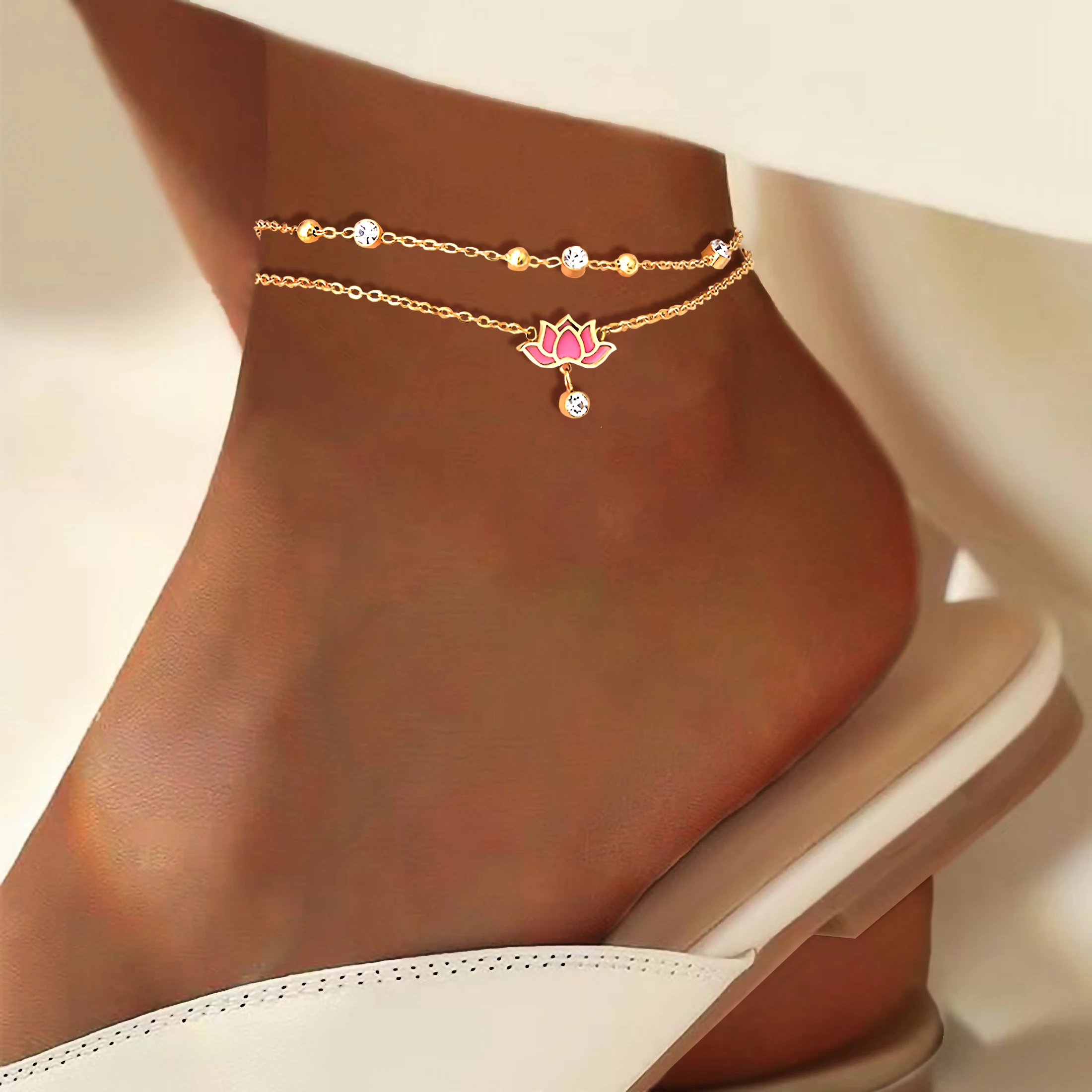 Pink Lotus Anklet – Layered Gold Chain Anklet with Zirconia Charm for Women