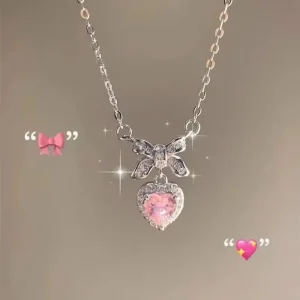 Elegant Pink Crystal Bow Necklace, Dainty Heart Pendant Jewelry