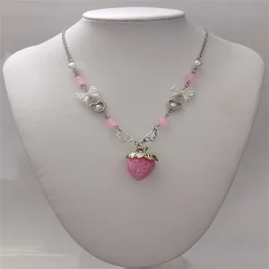 Cute Pink Strawberry Charm Necklace, Sweet Y2K Pendant Jewelry