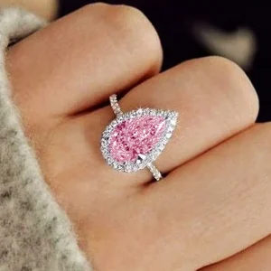 Elegant Pink Teardrop Crystal Ring, Sparkling Zircon Statement Jewelry