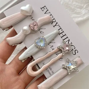 Cute Pink Hair Clip Set, Trendy Rhinestone & Bow Barrettes