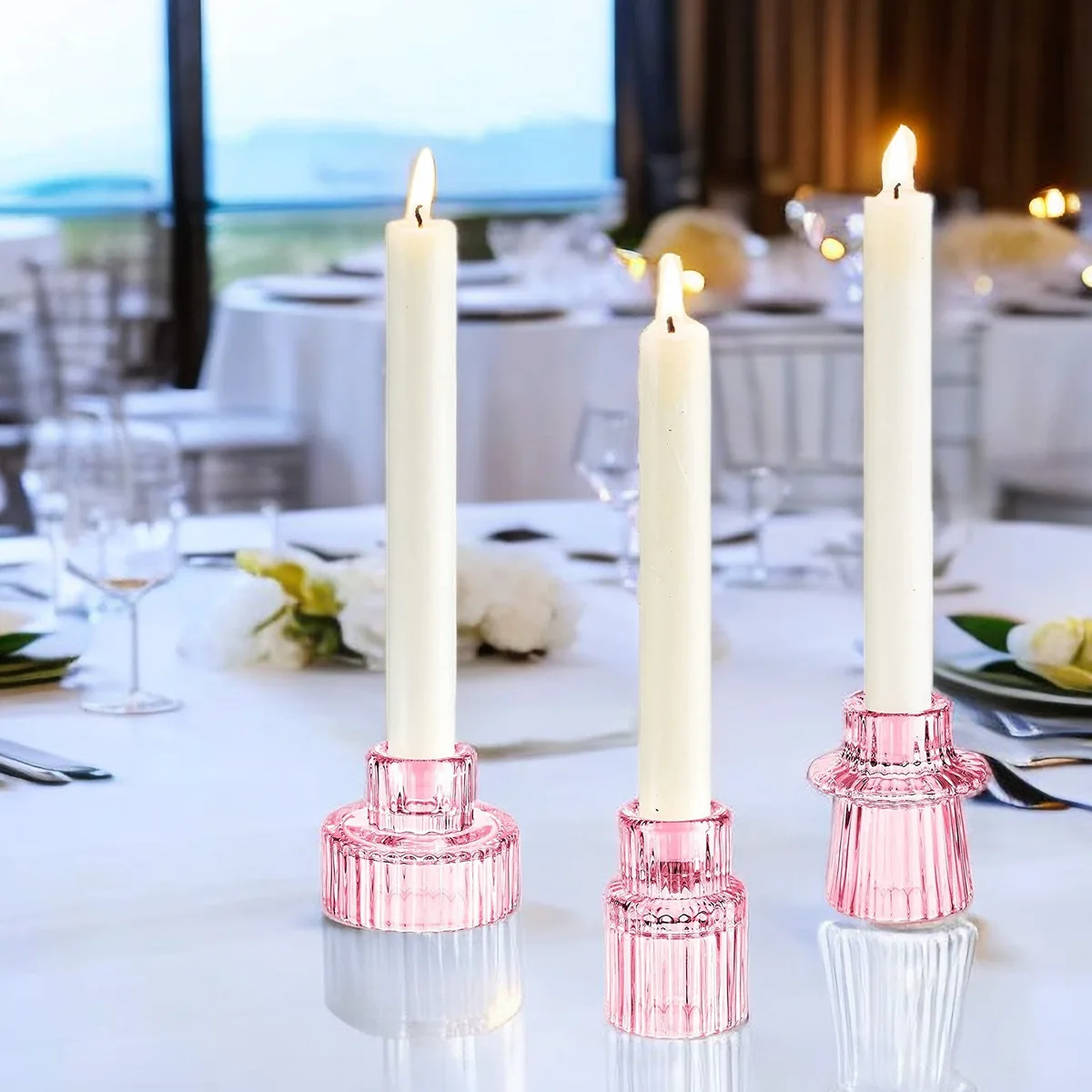 Elegant Glass Candle Holder Set (3pcs), Minimalist Ribbed Candle Stands - Image 2