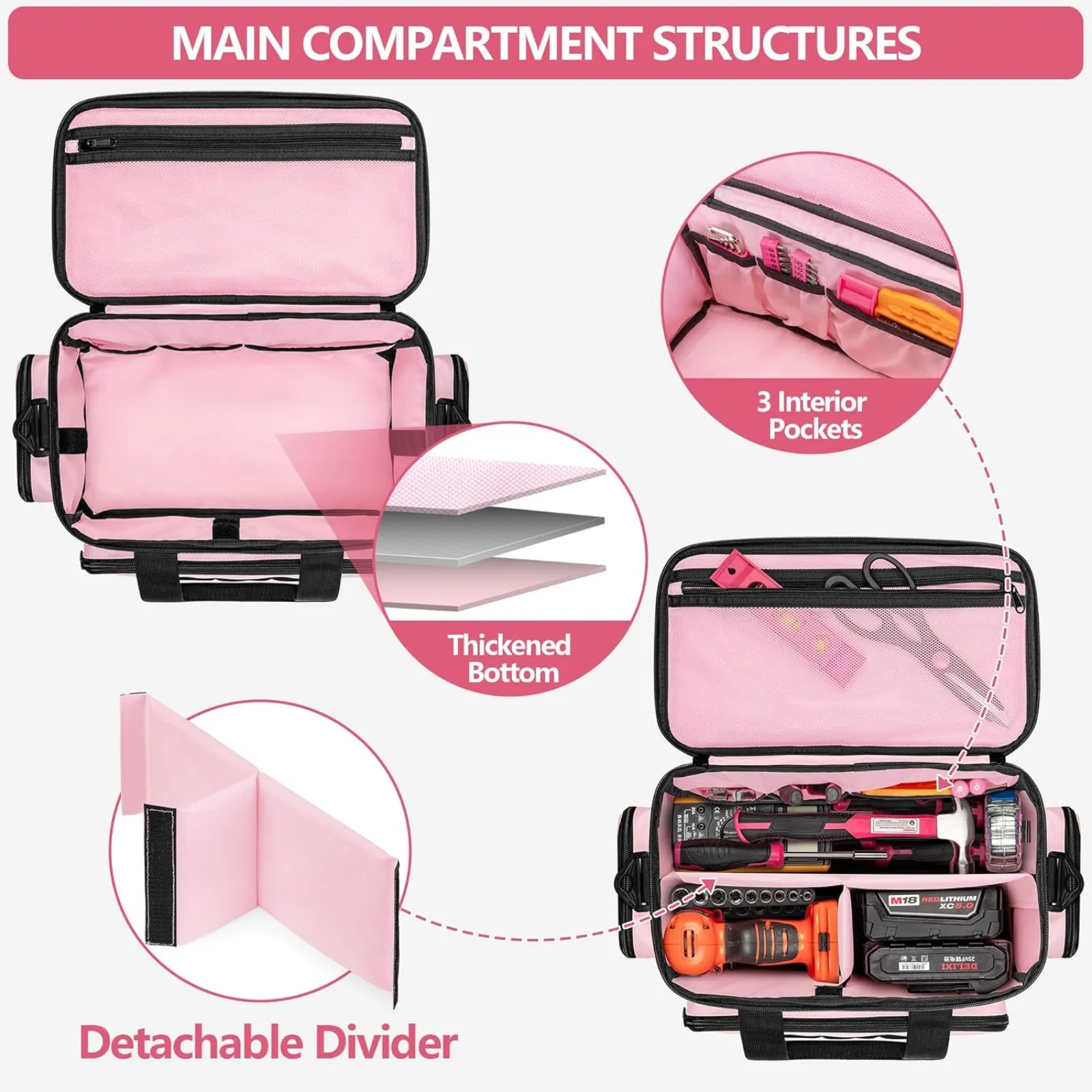 Pink Heavy-Duty Tool Organizer Bag – Multi-Pocket Storage Tote with Shoulder Strap - Image 2