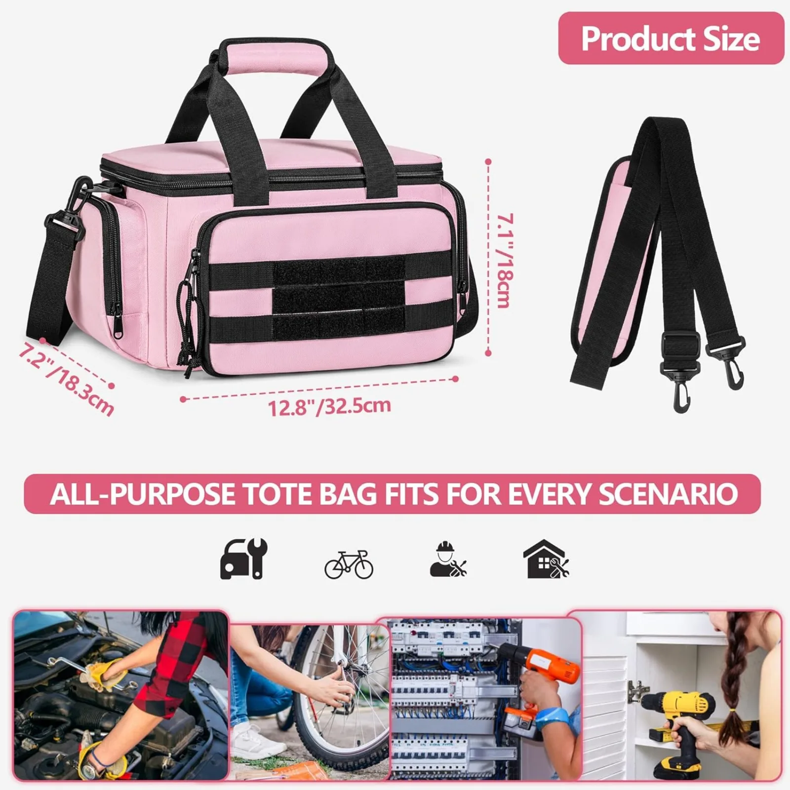 Pink Heavy-Duty Tool Organizer Bag – Multi-Pocket Storage Tote with Shoulder Strap - Image 6