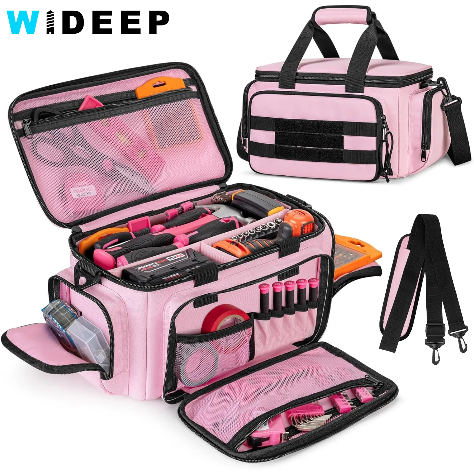 Pink Heavy-Duty Tool Organizer Bag – Multi-Pocket Storage Tote with Shoulder Strap