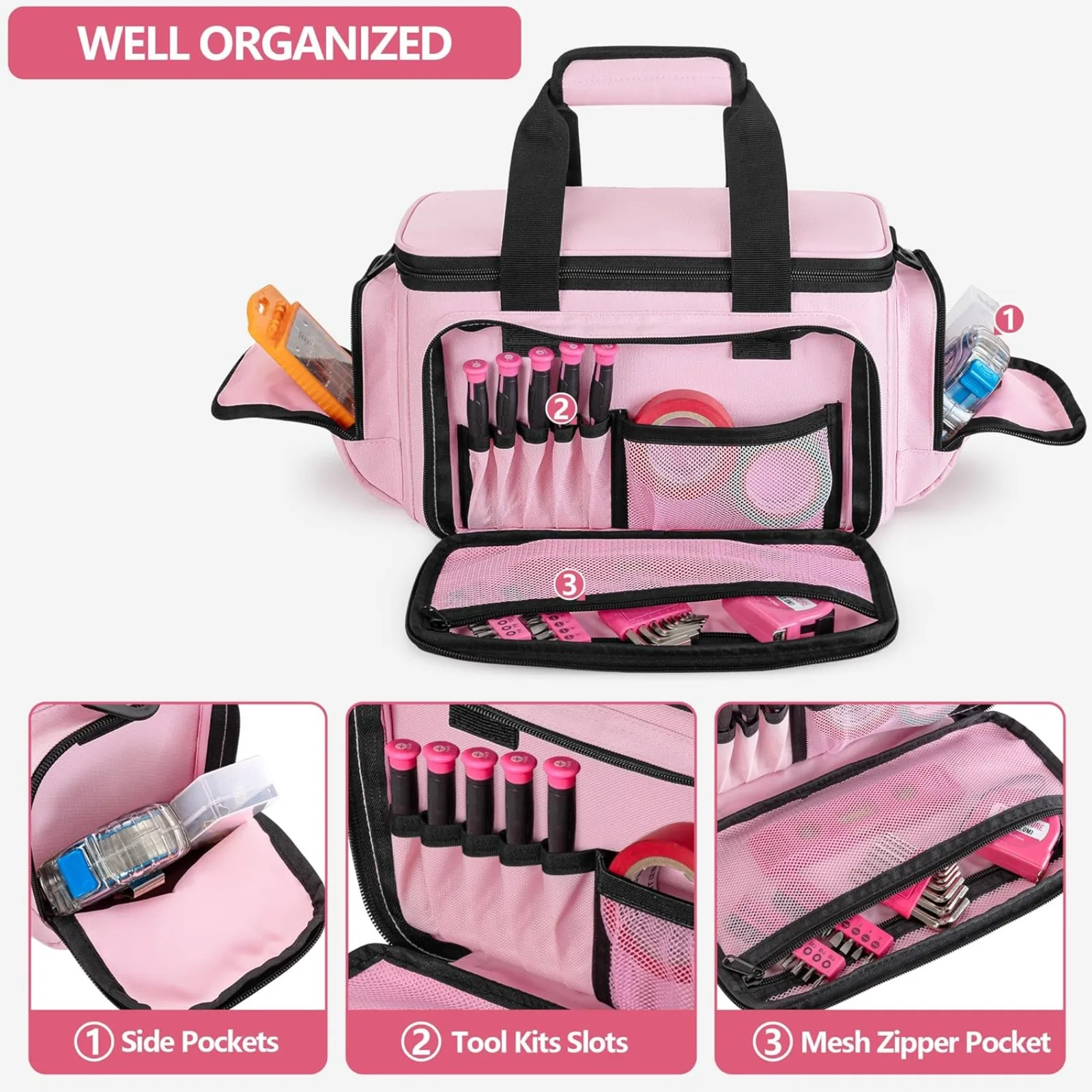 Pink Heavy-Duty Tool Organizer Bag – Multi-Pocket Storage Tote with Shoulder Strap - Image 3