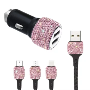 Bling USB Car Charger - Dual Port, 5V 2.1A, Pink Diamond Style