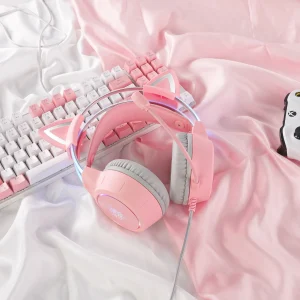 Pink Cat Ear Gaming Headset – Wired RGB Headphones with Mic for PC & Console