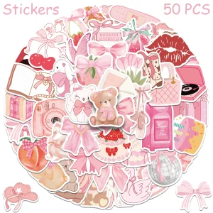 50pcs Pink Aesthetic Sticker Pack – Cute Kawaii Scrapbook, Laptop & Journal Stickers