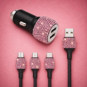 Bling USB Car Charger - Dual Port, 5V 2.1A, Pink Diamond Style