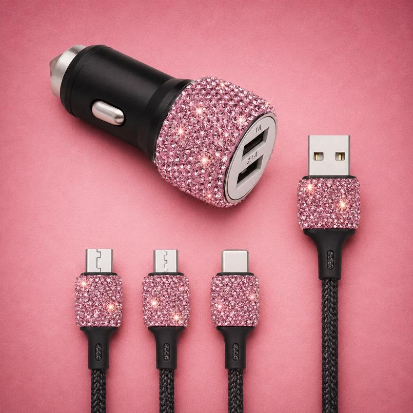 Bling USB Car Charger - Dual Port, 5V 2.1A, Pink Diamond Style