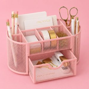 Space-Saving Pink Mesh Desk Organizer