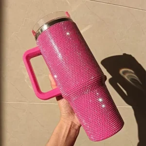 Rhinestone Pink Tumbler – 40oz Sparkly Insulated Cup with Handle