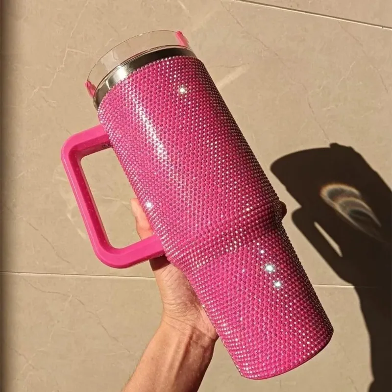 Rhinestone Pink Tumbler – 40oz Sparkly Insulated Cup with Handle