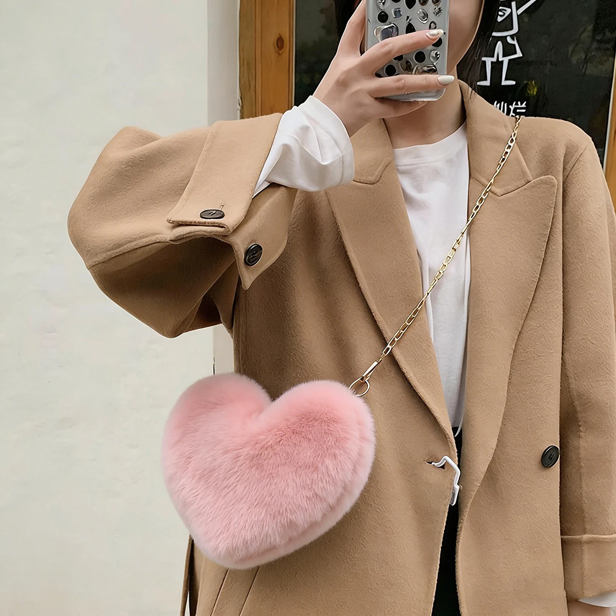 Luxury Heart-Shaped Faux Fur Crossbody Bag